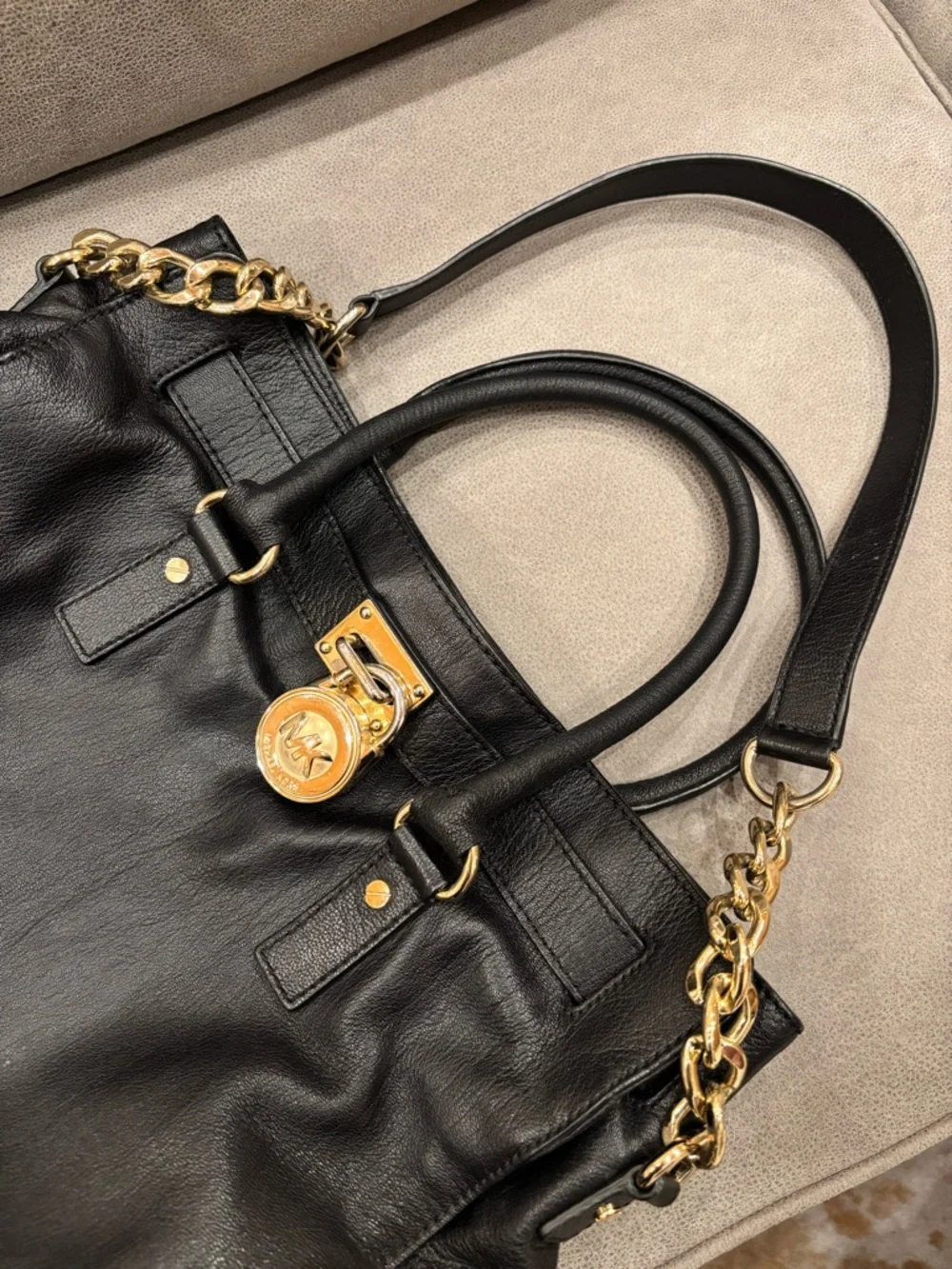 Michael Kors Black Leather Tote with Gold-Tone Chain Accents - Picture 2 of 9